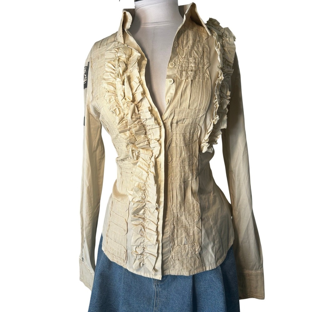 RARE Isabel De Pedro Button Up Shirt 12 Cream Ruffle Wine Graphic Vinum Reserva